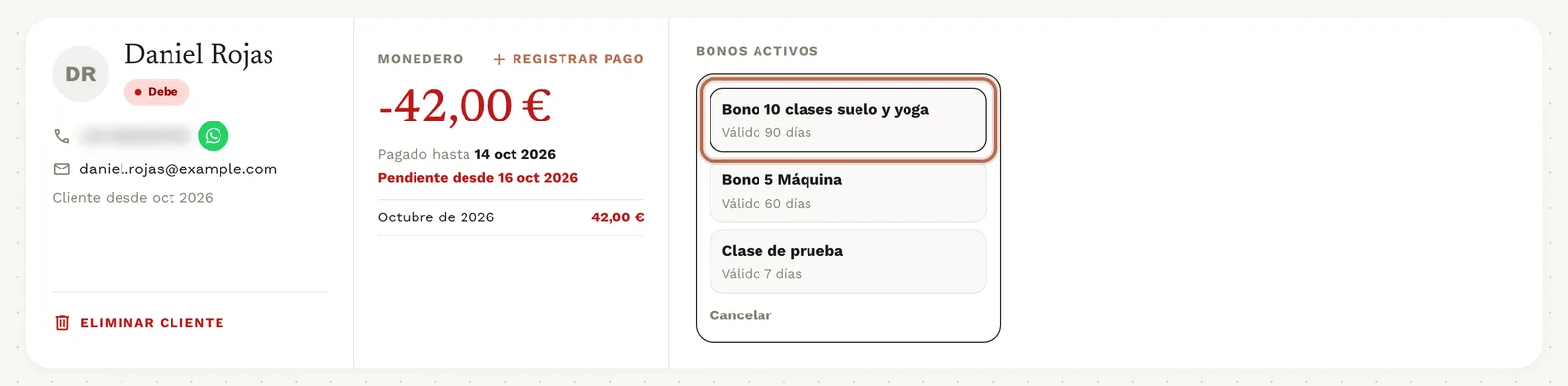 La lista de bonos del estudio, abierta desde «Añadir bono»