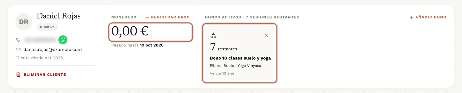 La ficha con el bono nuevo en «Bonos activos» y el Monedero a cero