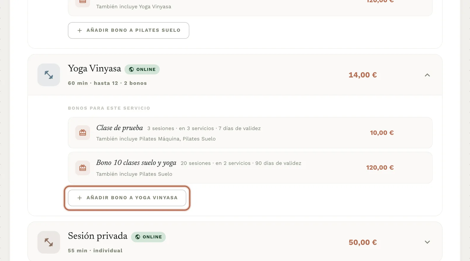El servicio Yoga Vinyasa expandido, con el botón «Añadir bono a Yoga Vinyasa».
