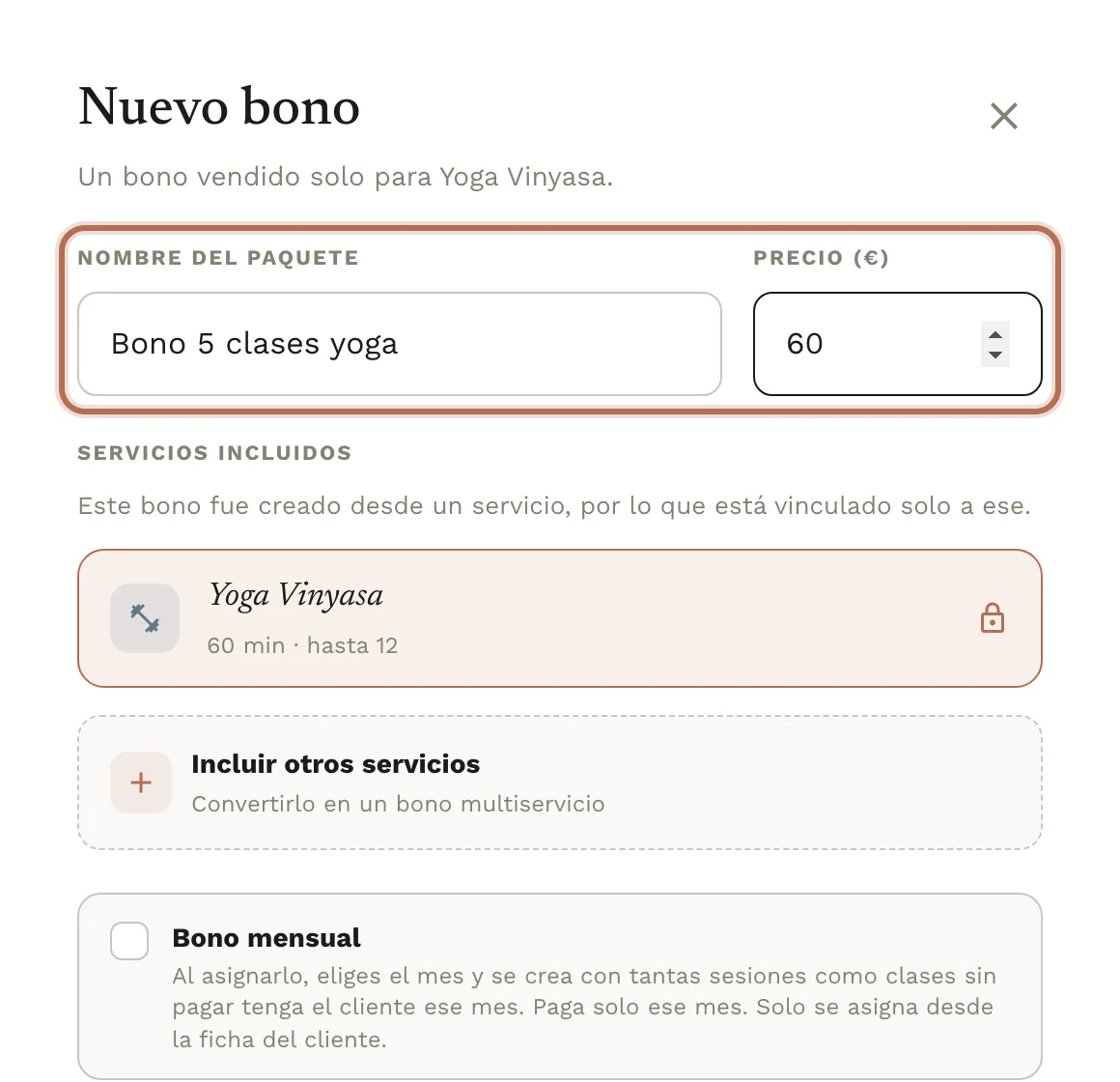 El panel «Nuevo bono» con el nombre del paquete y el precio.
