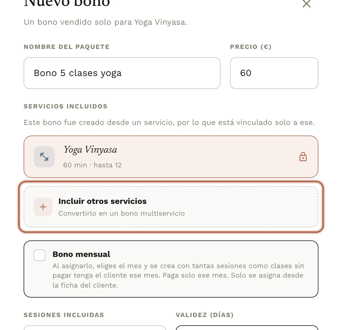 La fila «Incluir otros servicios» del panel del bono.