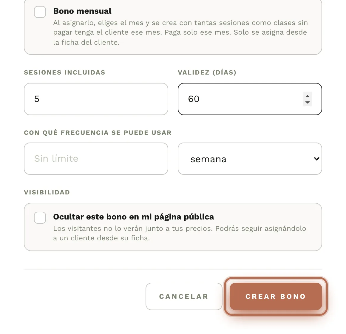 El botón «Crear bono» al final del panel.