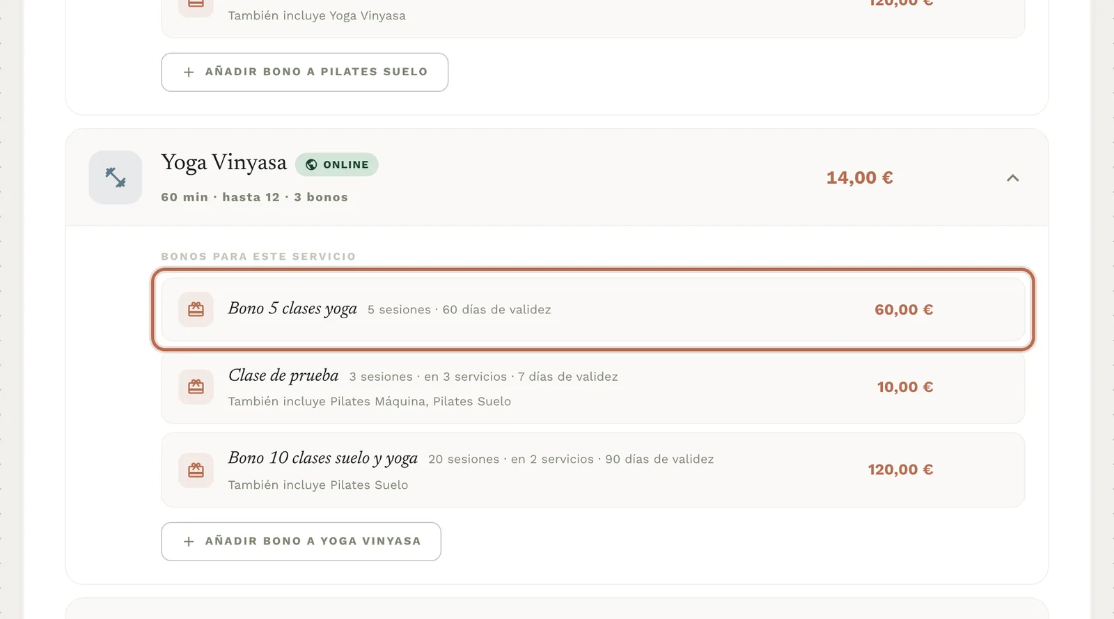 El bono nuevo en la lista del servicio, con «5 sesiones · 60 días de validez».