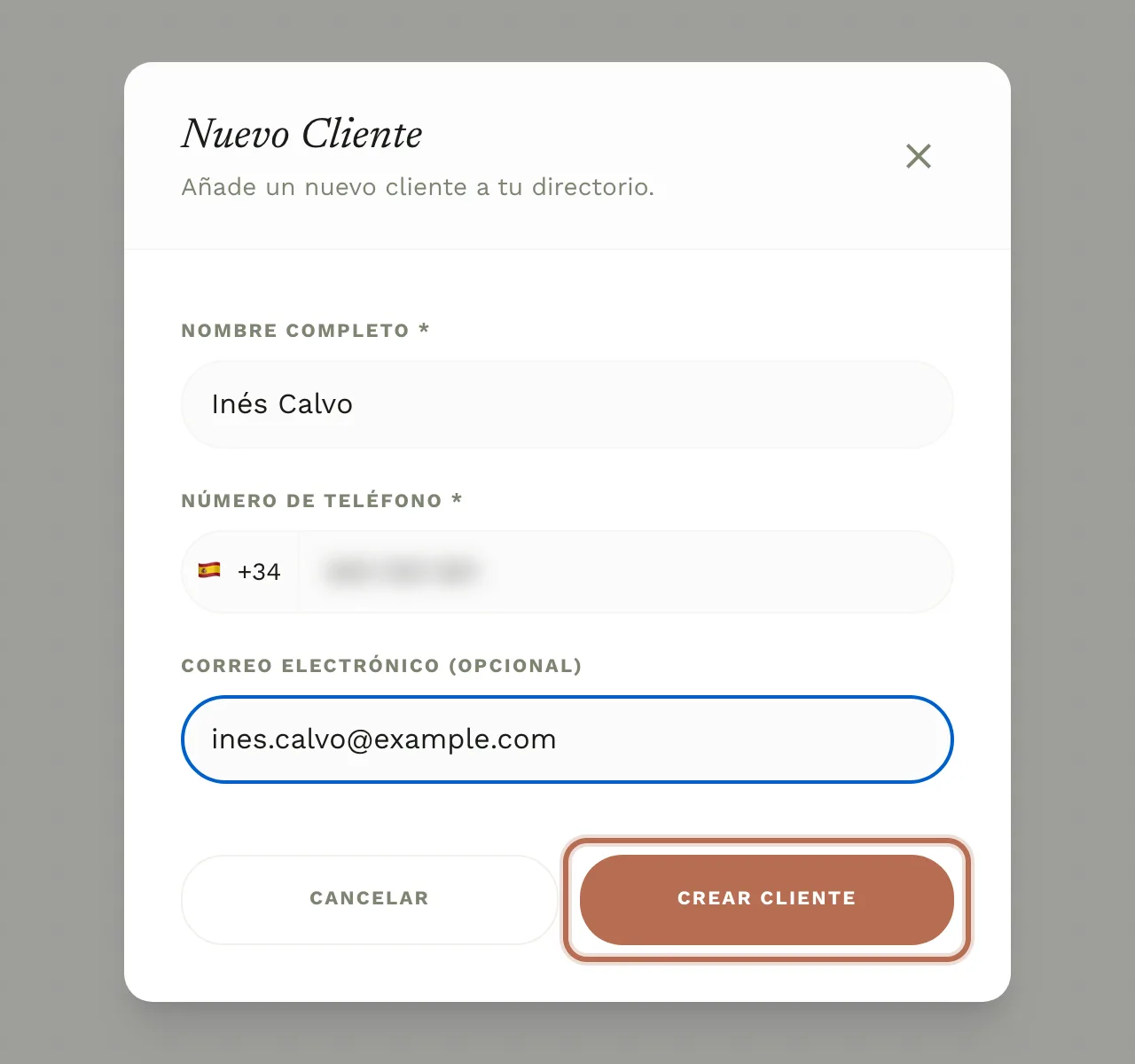 La ventana «Nuevo Cliente» con nombre, teléfono y email rellenos, y el botón «Crear Cliente».