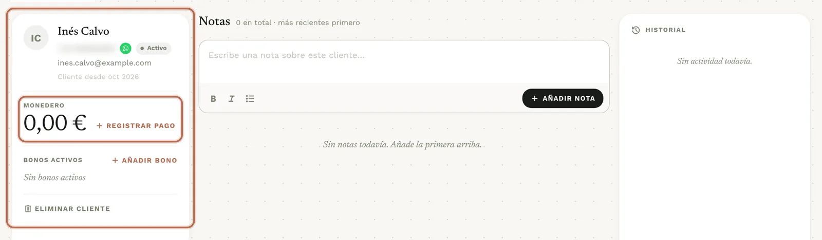 La ficha recién creada: a la izquierda el monedero a 0,00 € y «Bonos activos», en el centro «Notas» y a la derecha «Historial».