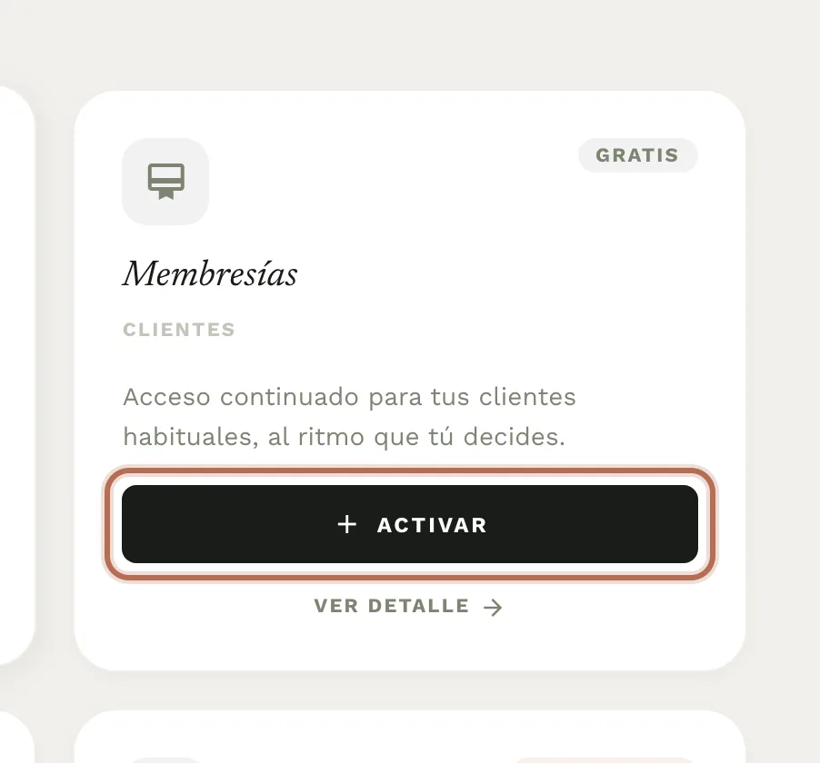 La página de Módulos con la tarjeta de Membresías y su botón «Activar».