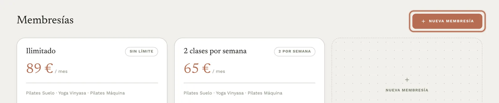 La página Membresías con el botón «Nueva membresía».