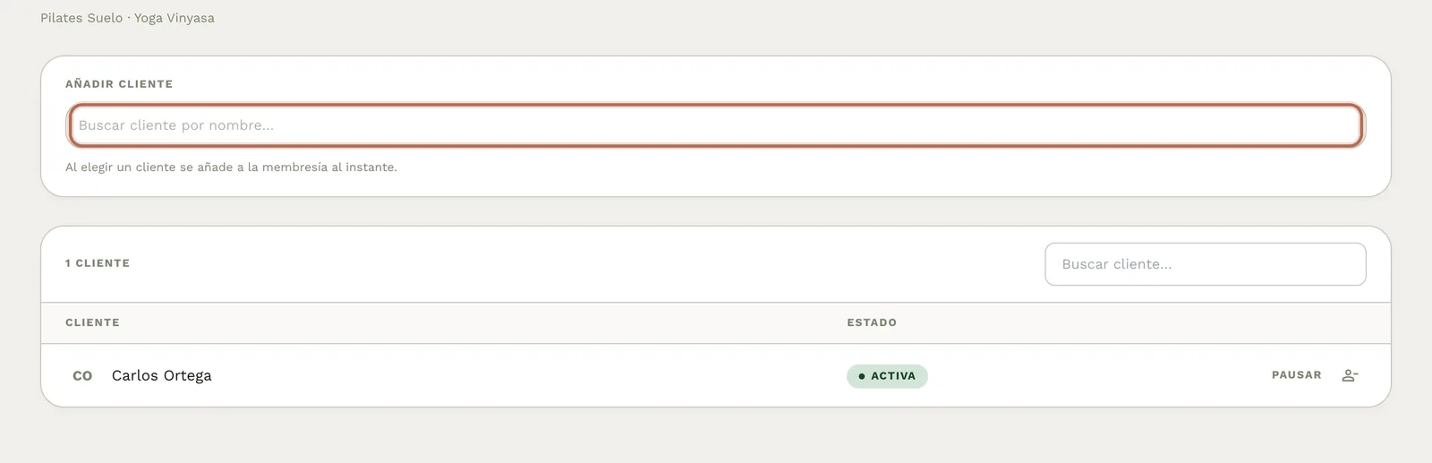 La página de una membresía con el buscador «Añadir cliente» y la lista de clientes con su estado.