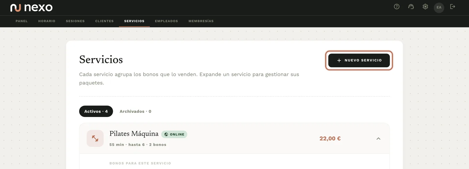 La página Servicios con el botón «Nuevo Servicio» arriba a la derecha.