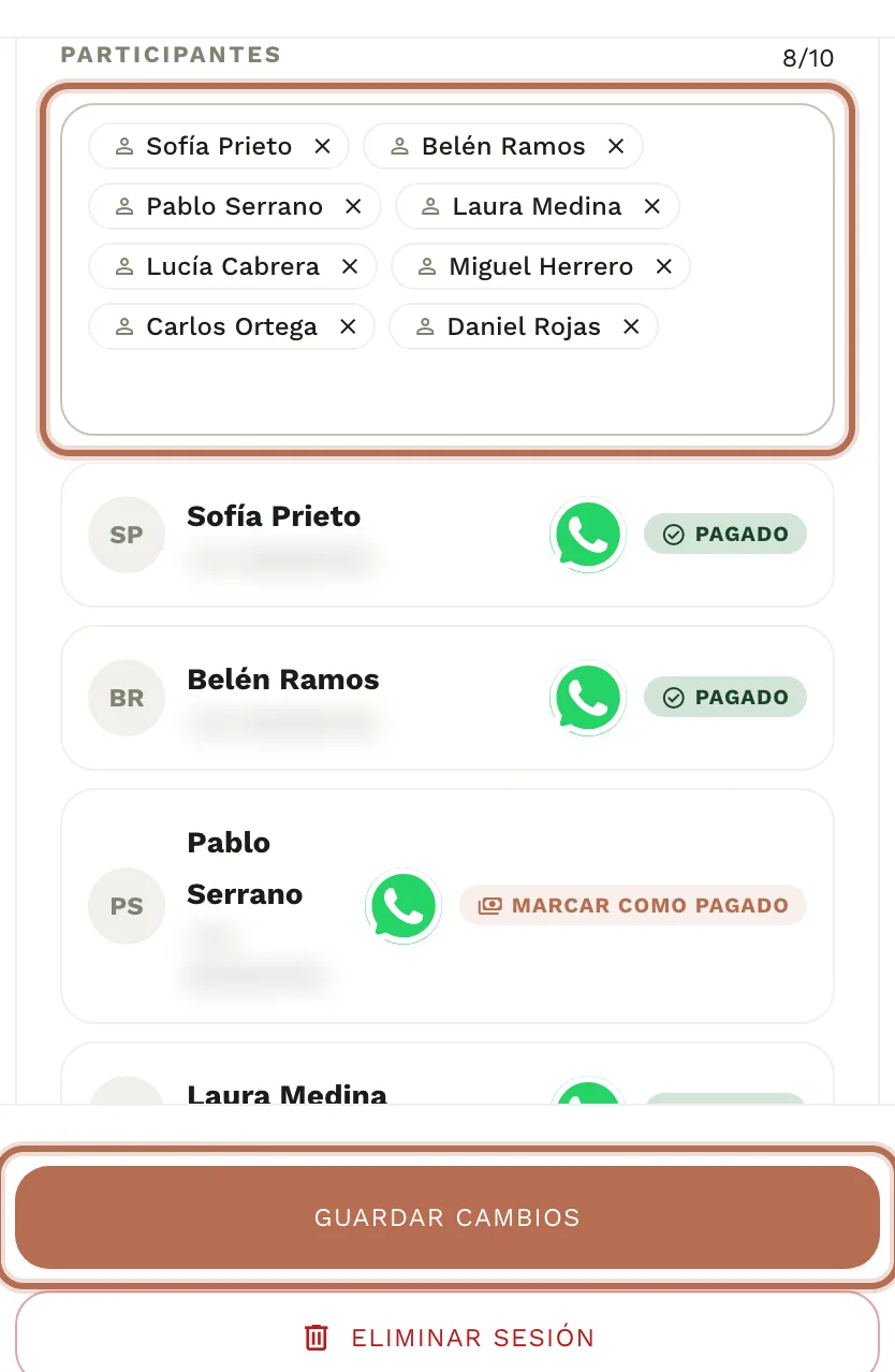Dos clientes elegidos como etiquetas en «Participantes» y el botón «Guardar Cambios» resaltado.