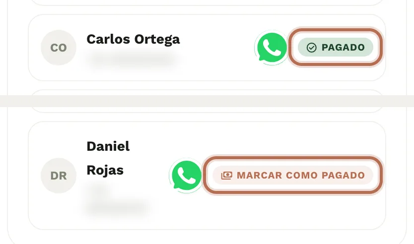 La lista de participantes guardada: un cliente con el estado «Pagado» y otro con el botón «Marcar como pagado».