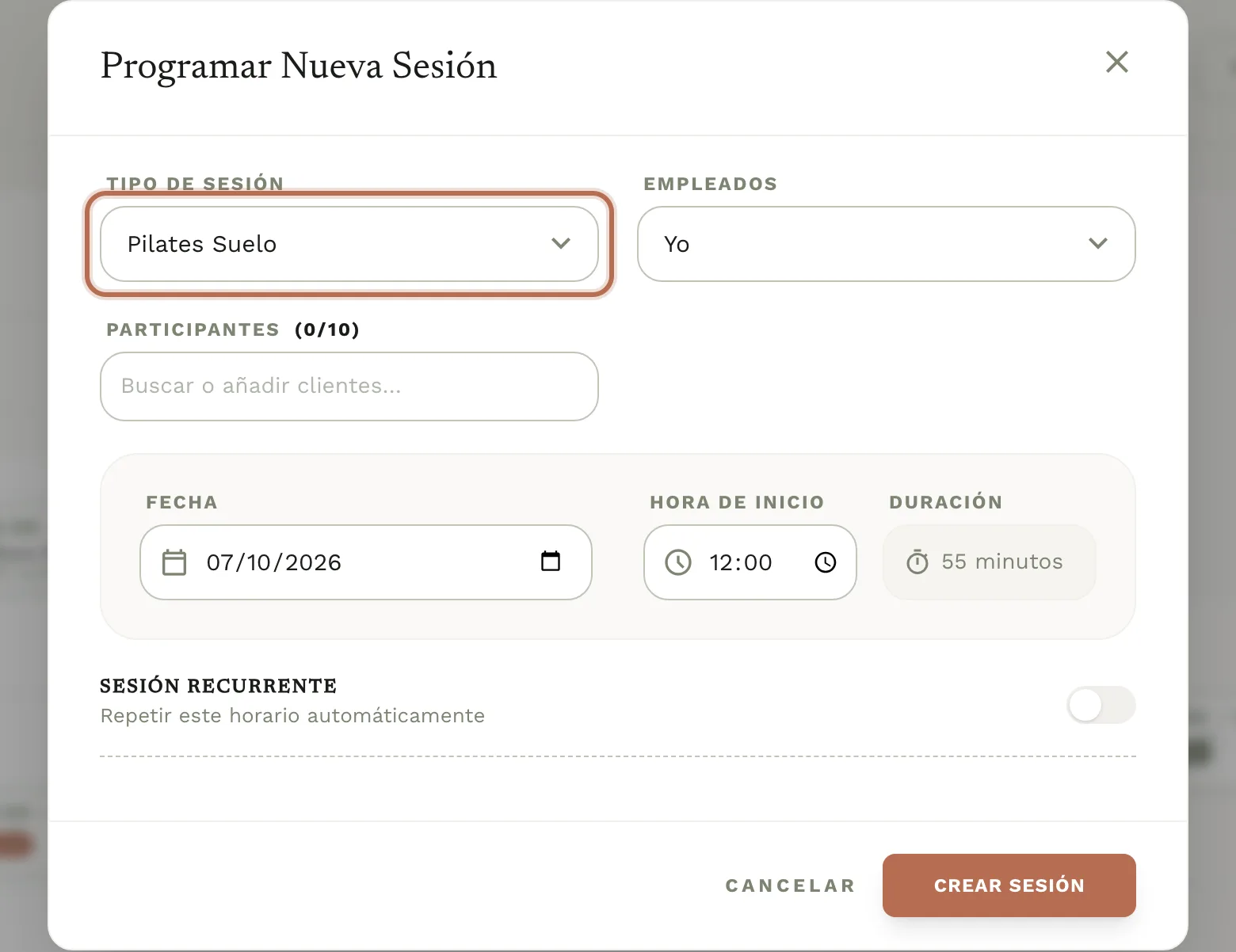 El formulario «Programar Nueva Sesión» con Pilates Suelo, un miércoles a las 12:00 y duración de 55 minutos.