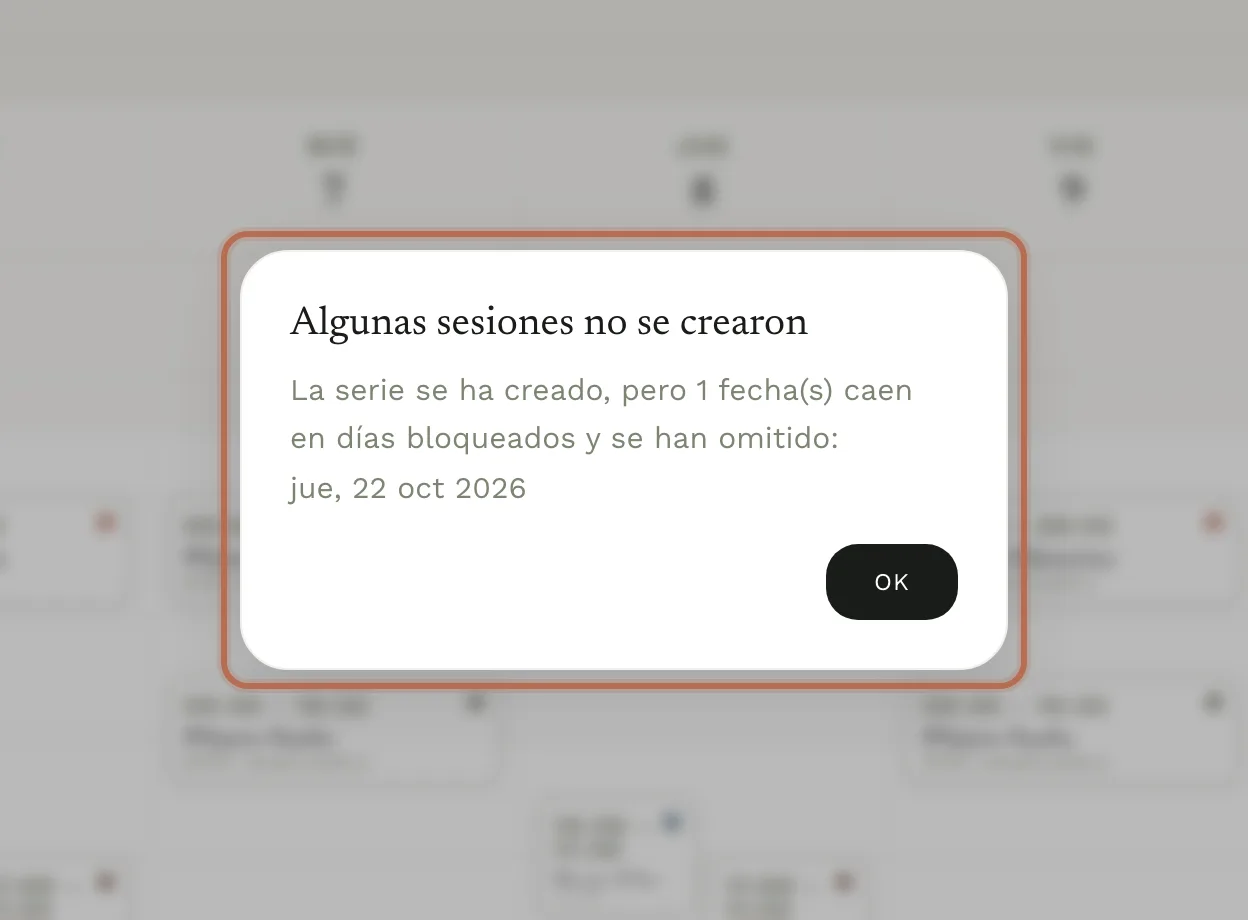 El aviso «Algunas sesiones no se crearon» con la lista de fechas omitidas por estar bloqueadas.
