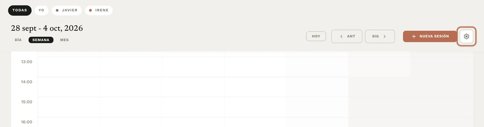 La pantalla Horario con el engranaje de ajustes, junto al botón «Nueva sesión», resaltado.