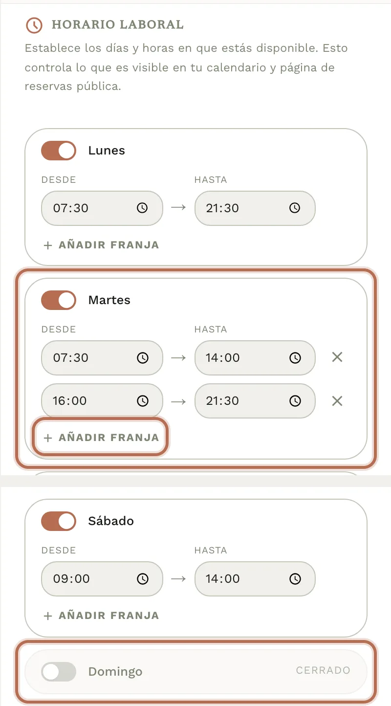 La sección «Horario Laboral» con los días de la semana, sus horas «Desde» y «Hasta» y el botón «Añadir franja».
