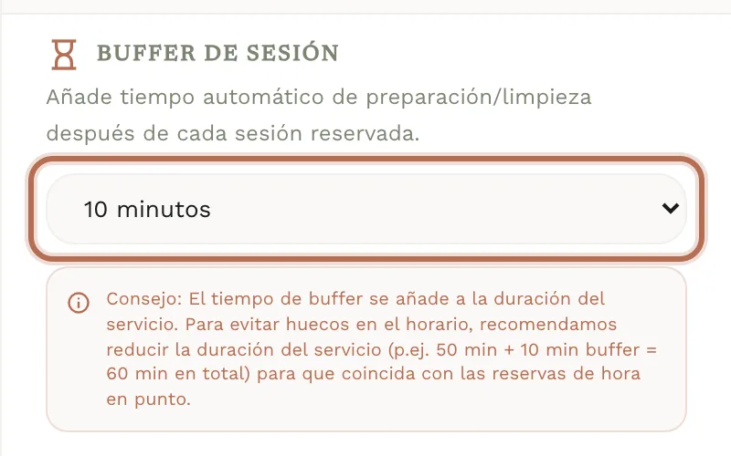 El desplegable «Buffer de Sesión» con «10 minutos» elegido y el consejo que aparece debajo.