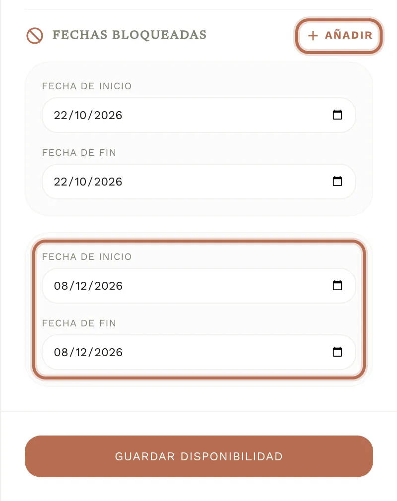 La sección «Fechas Bloqueadas» con un bloque que tiene «Fecha de inicio» y «Fecha de fin», y el botón «Añadir».