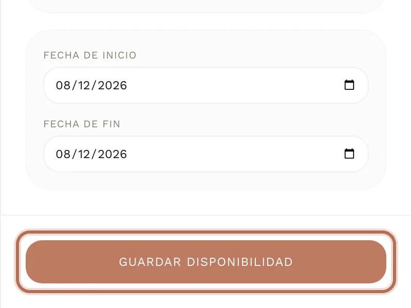 El botón «Guardar Disponibilidad», al pie del panel de ajustes del calendario.