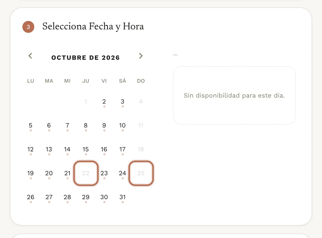 El calendario de tu página de reservas con el día bloqueado y los domingos deshabilitados.