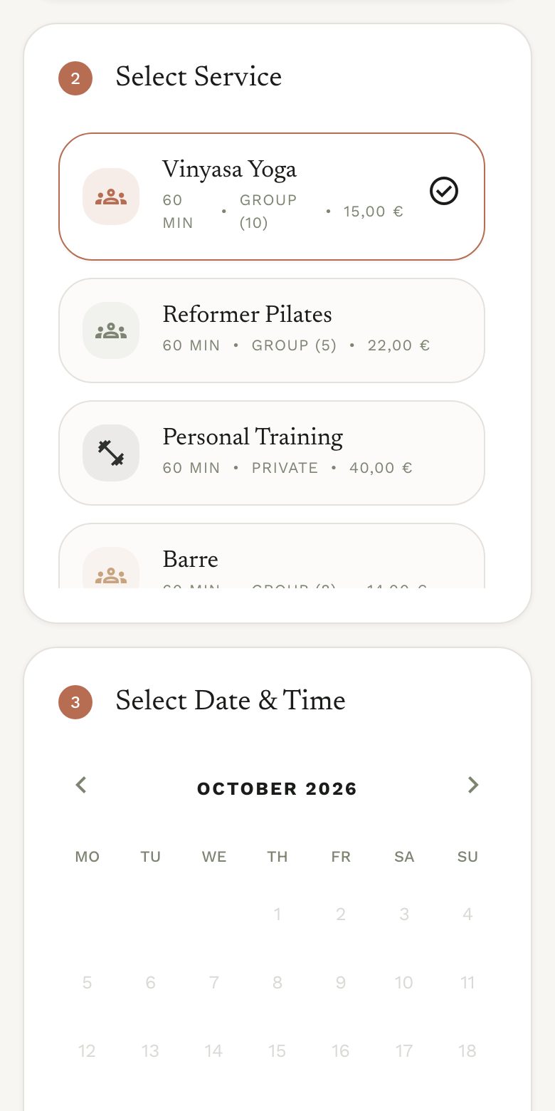 Nexo's booking page on a phone, listing the classes and their prices