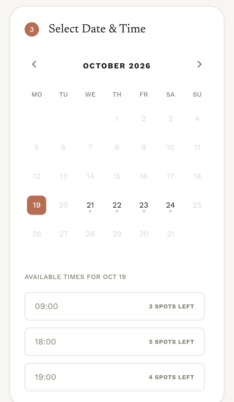 Nexo's booking page on a phone: the client picks a day and sees the times with spots left